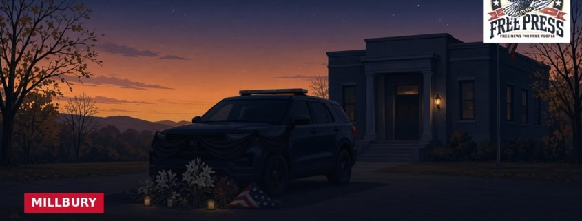 Fostoria News Memorial scene with police vehicle and flowers at dusk for Sgt. Jacob Roesler.